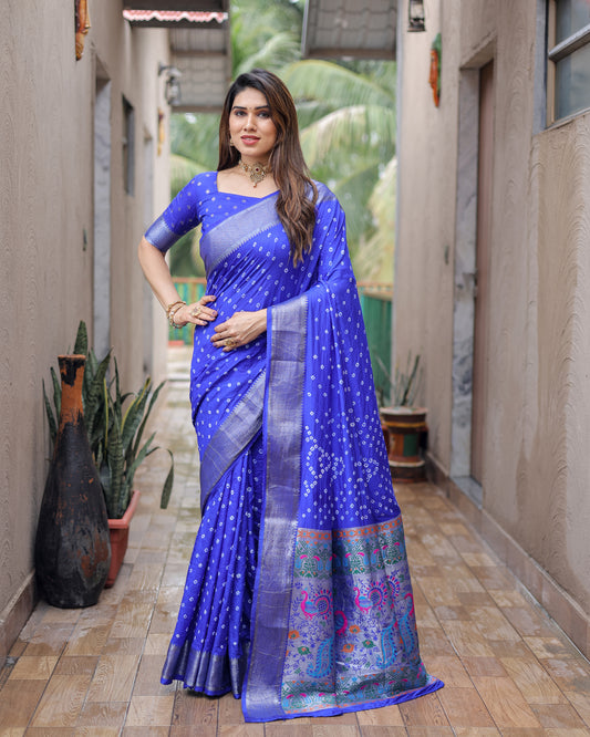 Blue Yashomati Dola Soft Silk Bandhej Sarees With Jari Weaving Border
