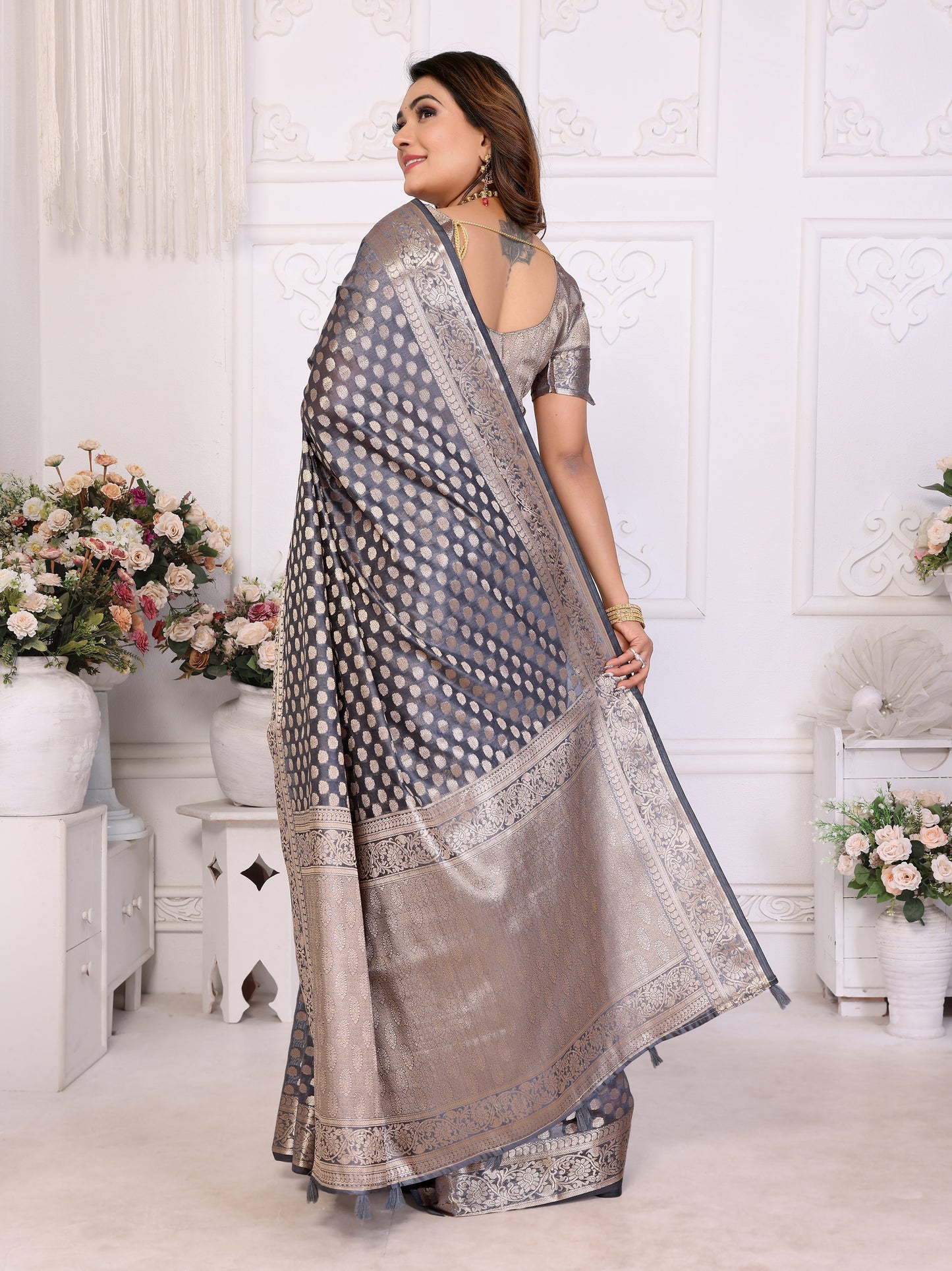 Gray Color Premium Superior Soft Organza Silk Banarasi Saree
