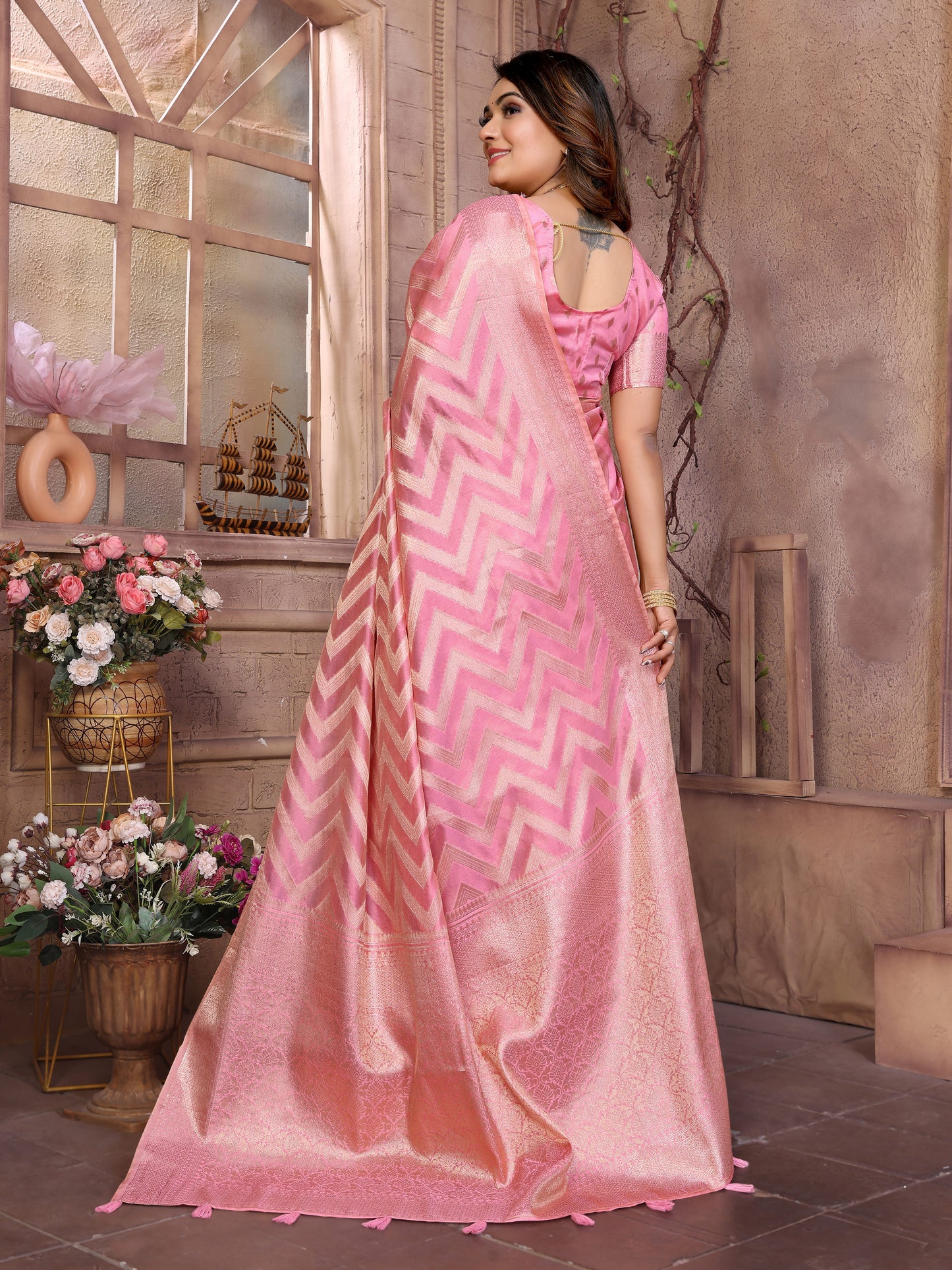 Pink Color Premium Superior Soft Organza Silk Banarasi Saree With Zari Border