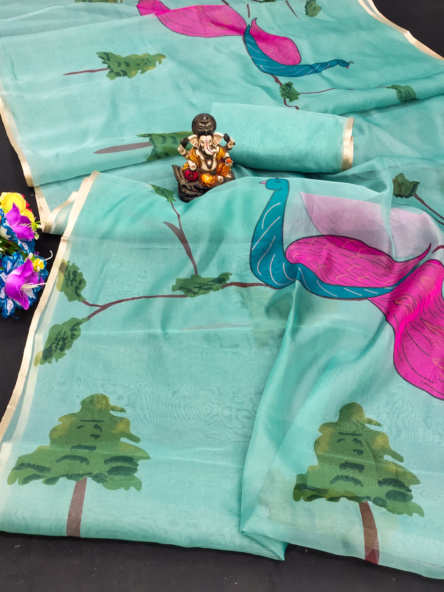 Sky Color Traditional And Classic With Best Quality Organza Digital Print