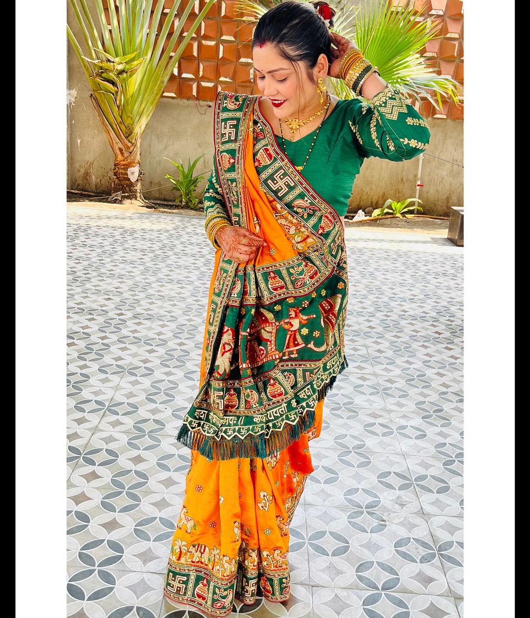 Orange Yellow Green Colour Shubha Tiwari Embroiderd Panter Patola Saree For Special Occasion