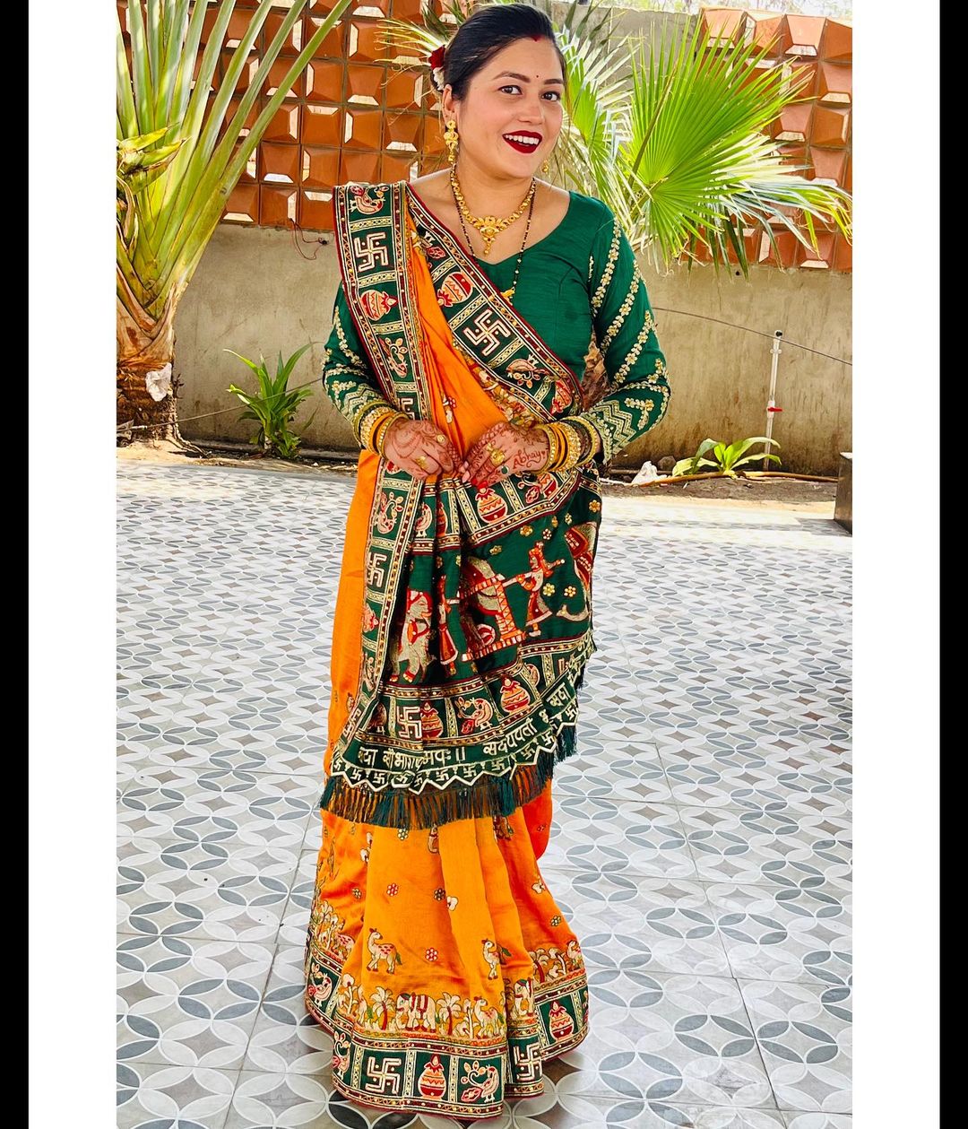 Orange Yellow Green Colour Shubha Tiwari Embroiderd Panter Patola Saree For Special Occasion