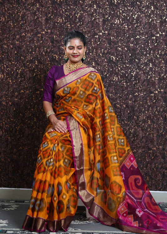 Orange Color Super Beautiful Ikkat Patola Digital Print Saree With Golden Border