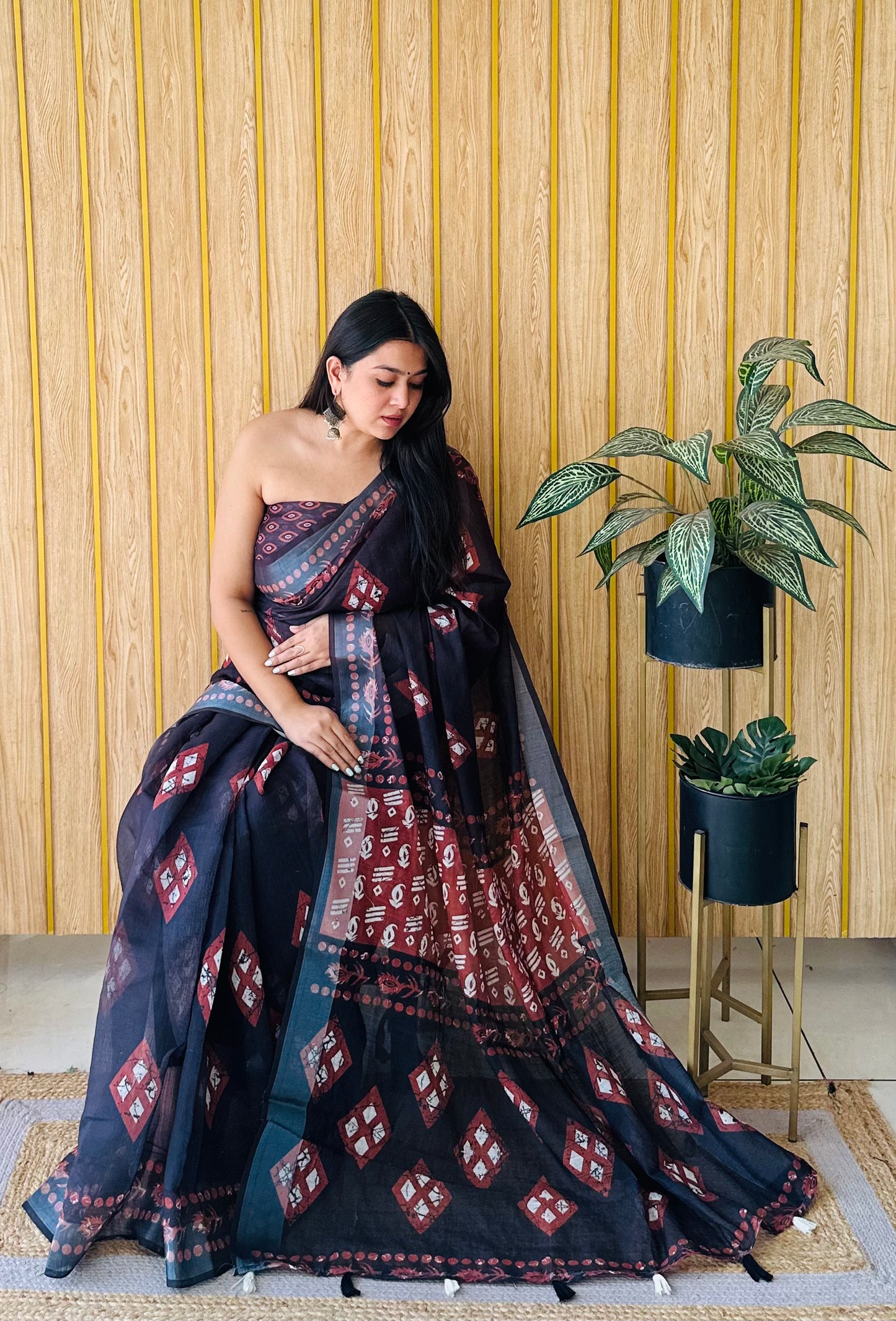 Black-Orange Color Soft Linen Cotton Digital Print Saree Very Premium And Rich Quality