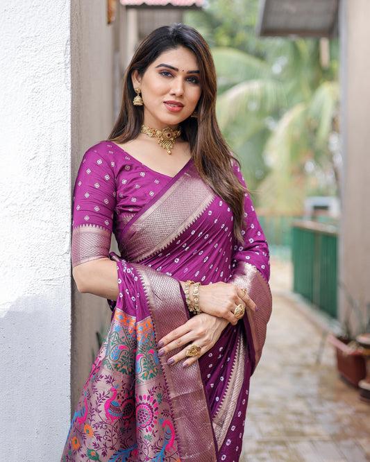 Purple Yashomati Dola Soft Silk Bandhej Sarees With Jari Weaving Border