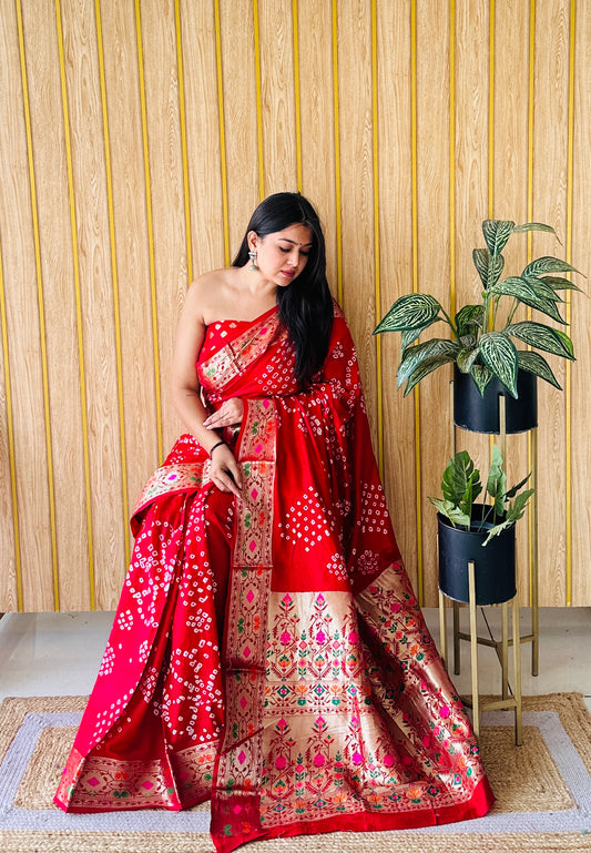 Red Deewani Pure Bandhej Silk Saree With Patola Border With Zari Weaving Paithani Rich Pallu