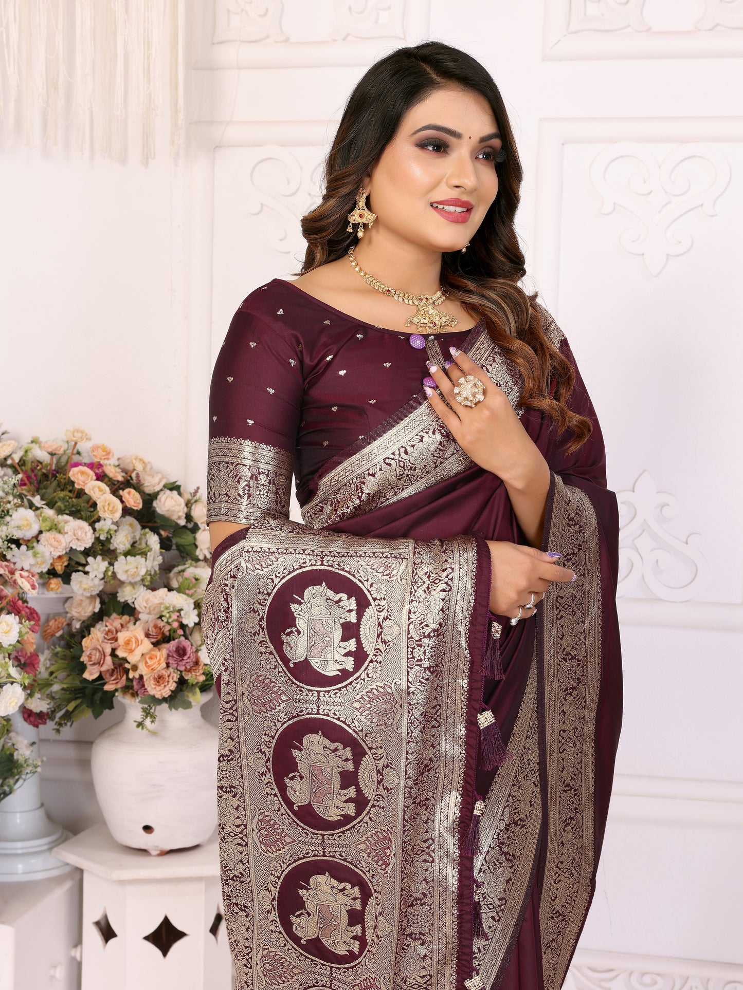 Maroon Rani Banarasi silk saree with beautiful Gala weaving exclusive work soft comfy