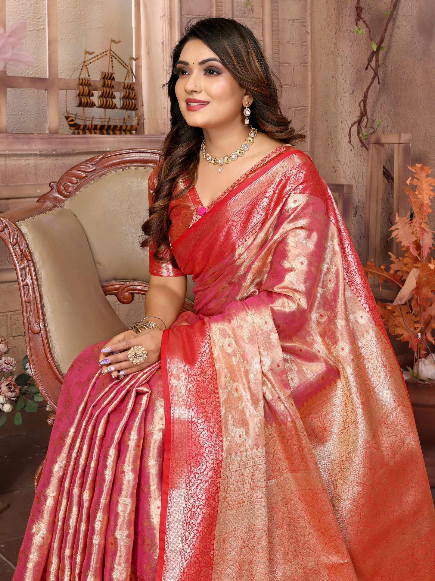 Peach Color Handloom Tissue Silk Saree With Zari Designs And Contrast Border