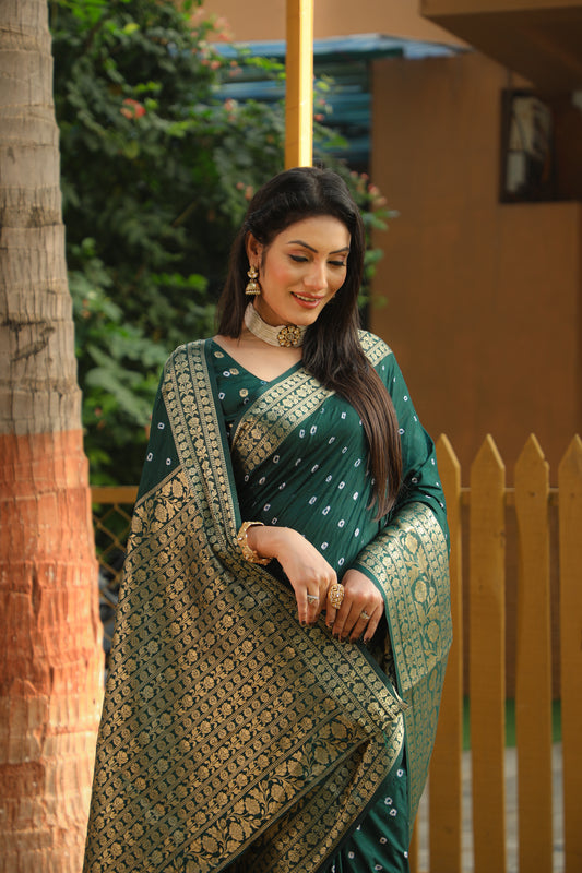 Green Toral Bandhej Kanjivaram silk saree with Zari Weaving Rich Pallu