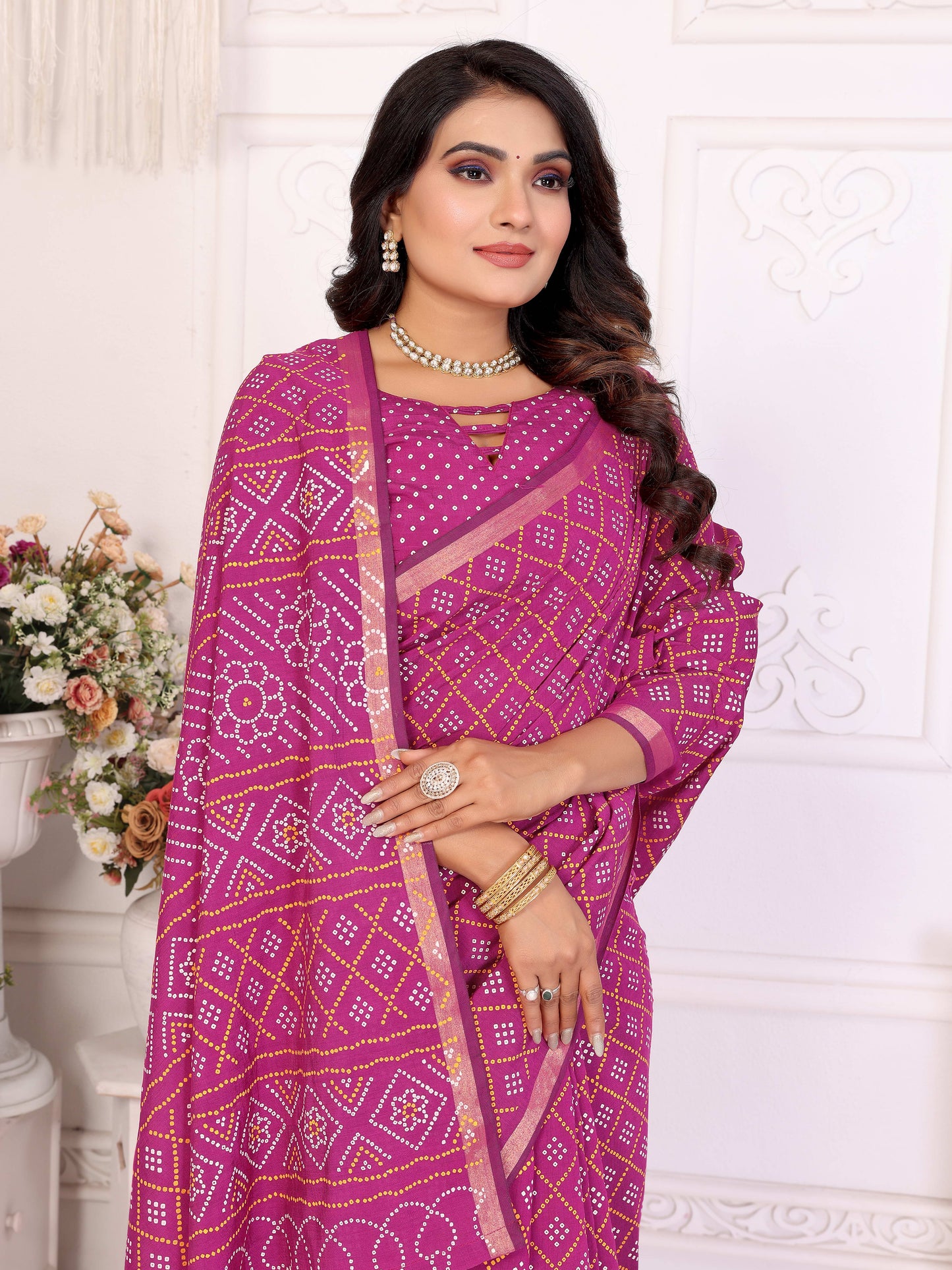 गुलाबी अंबा शुद्ध पटोला और बंधेज पैटर्न मुलायम सूती हल्के वजन की साड़ी