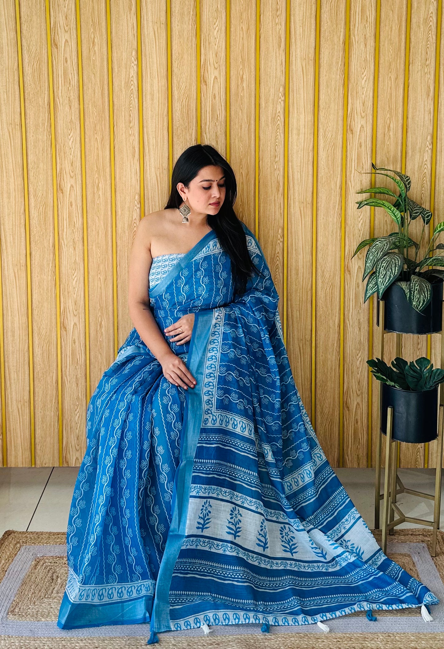 Blue Color Premium And Rich Quality Soft Linen Cotton Digital Print Saree