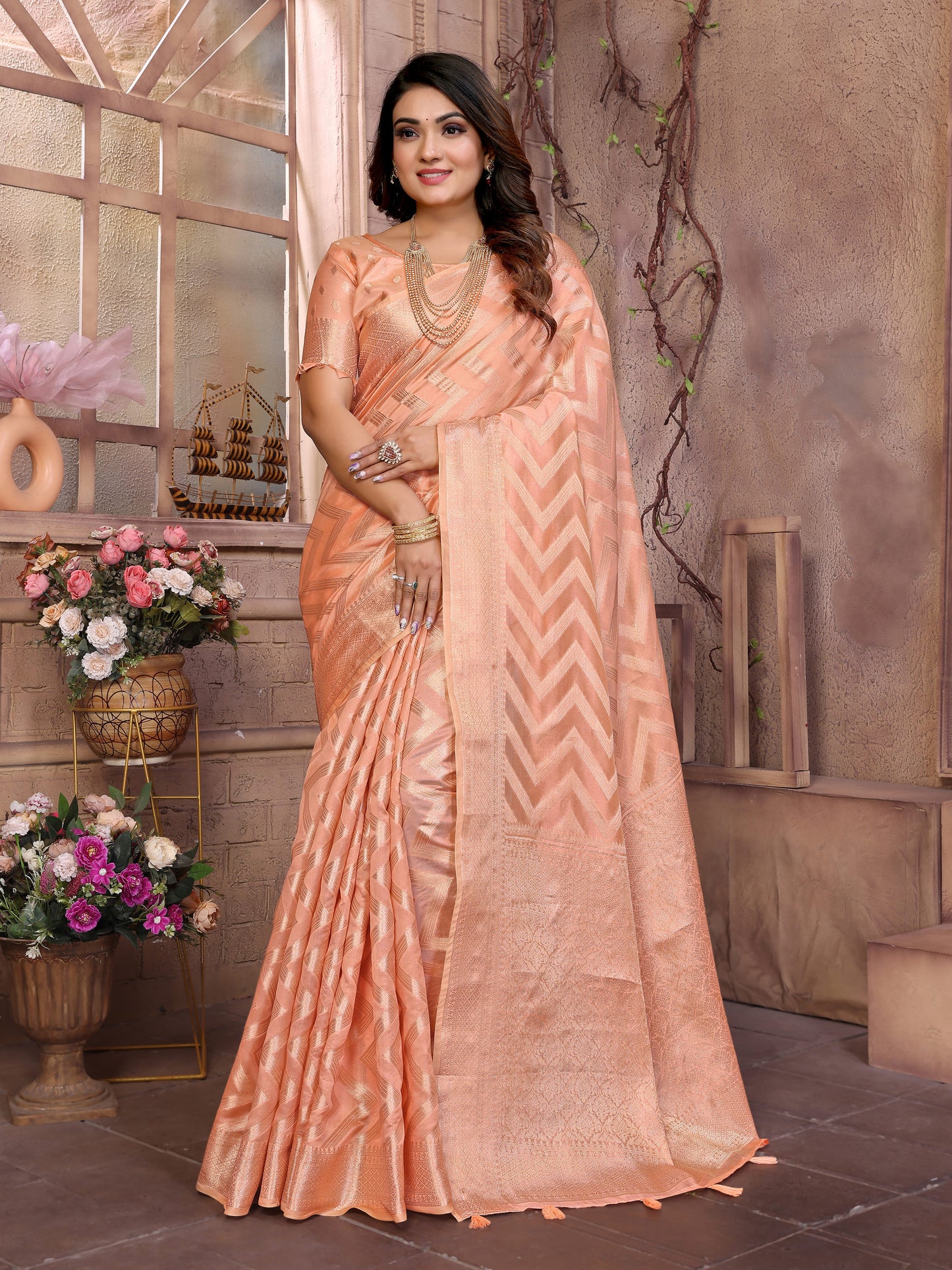 Peach Color Premium Superior Soft Organza Silk Banarasi Saree With Zari Border