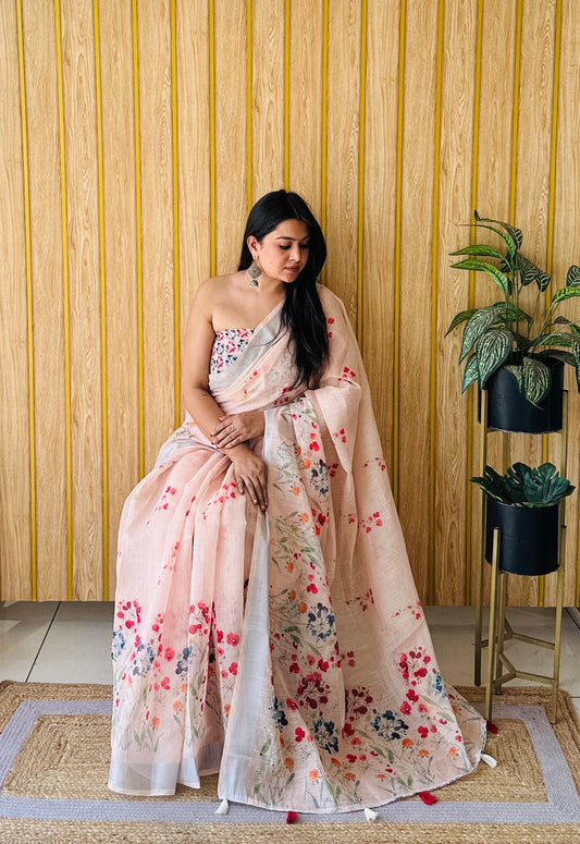 Peach Color Premium Quality Beautiful Soft Linen Cotton Digital Print Saree