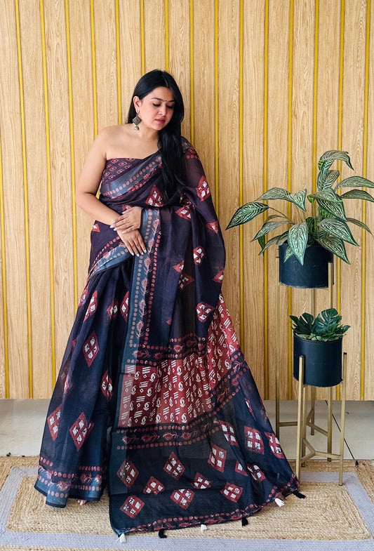 Black-Orange Color Soft Linen Cotton Digital Print Saree Very Premium And Rich Quality