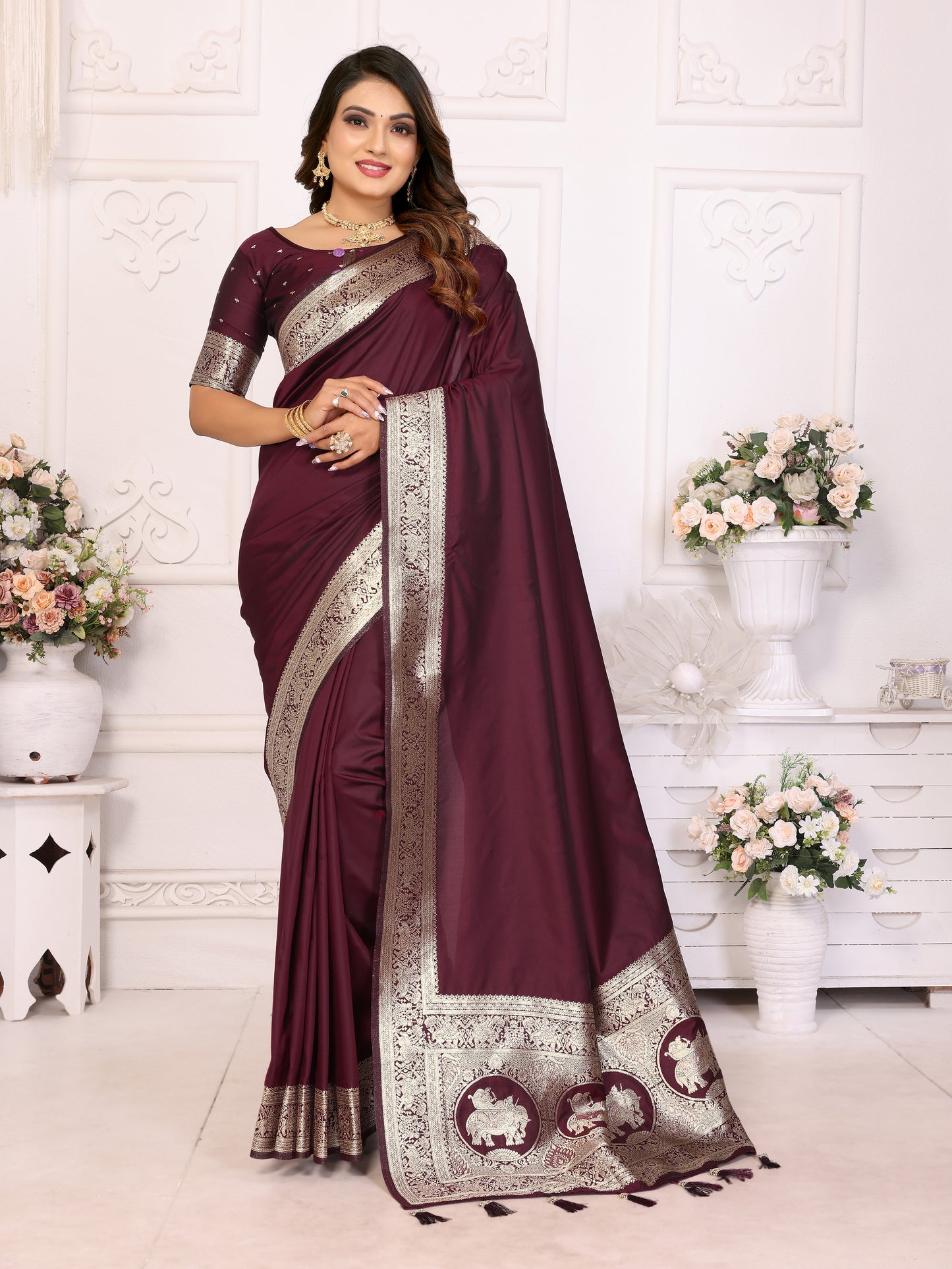 Maroon Rani Banarasi silk saree with beautiful Gala weaving exclusive work soft comfy