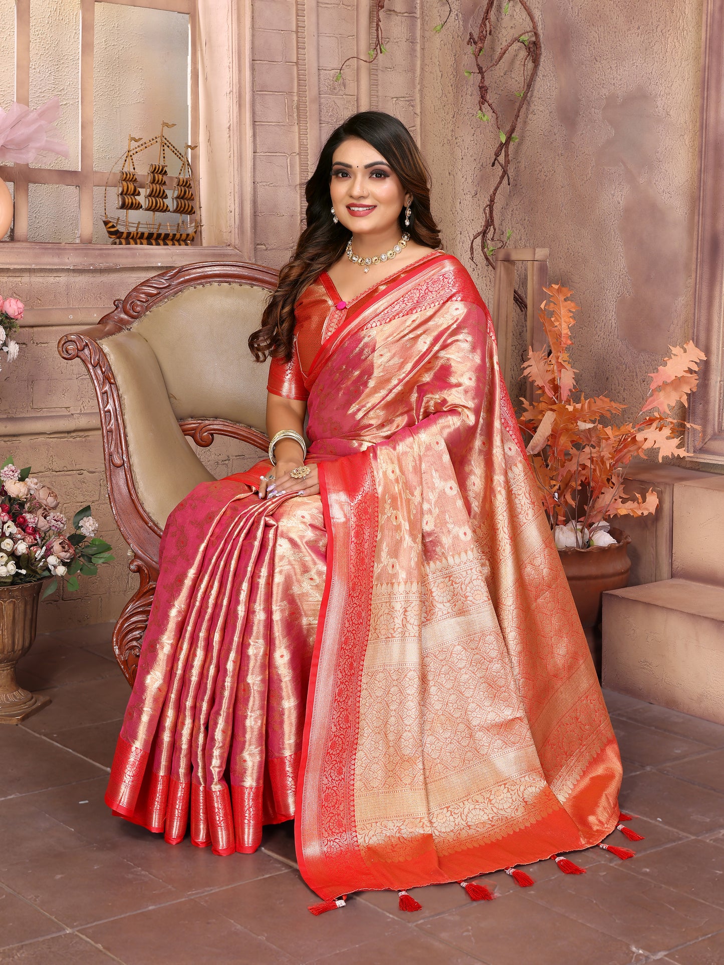 Peach Color Handloom Tissue Silk Saree With Zari Designs And Contrast Border