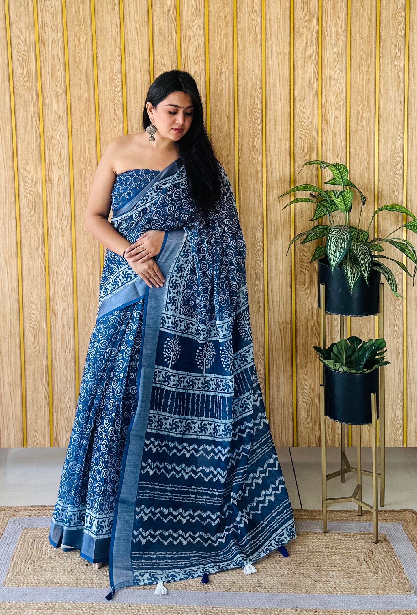 Blue Color Soft Linen Cotton Digital Print Saree Very Premium And Rich Quality