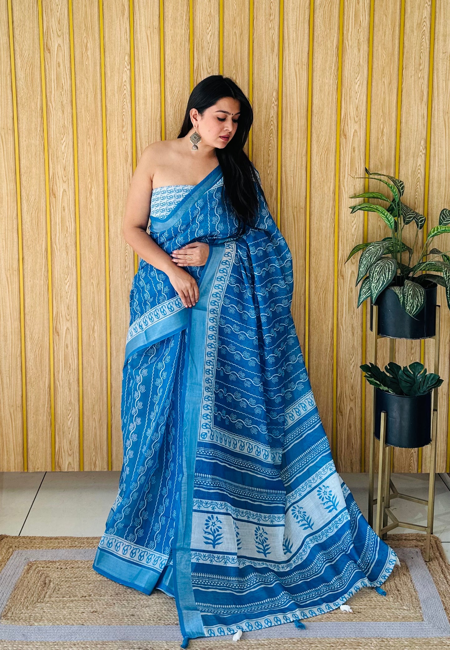Blue Color Premium And Rich Quality Soft Linen Cotton Digital Print Saree