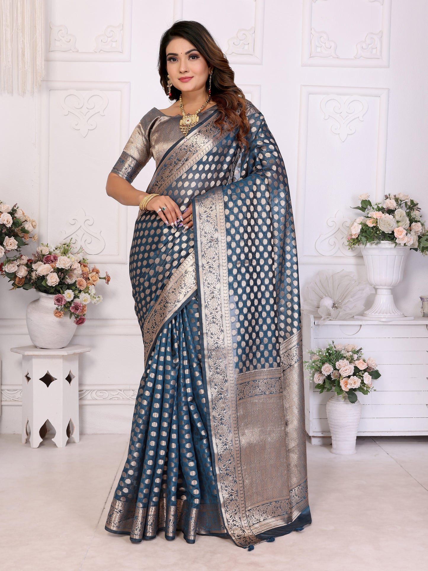 Navy Blue Color Premium Superior Soft Organza Silk Banarasi Saree