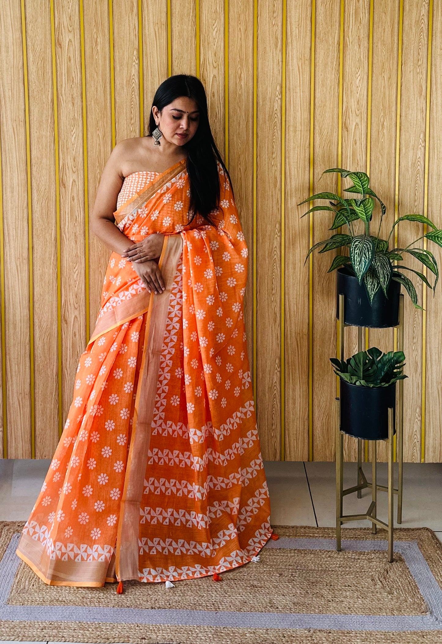 Orange Color Soft Linen Cotton Digital Print Saree Very Premium And Rich Quality