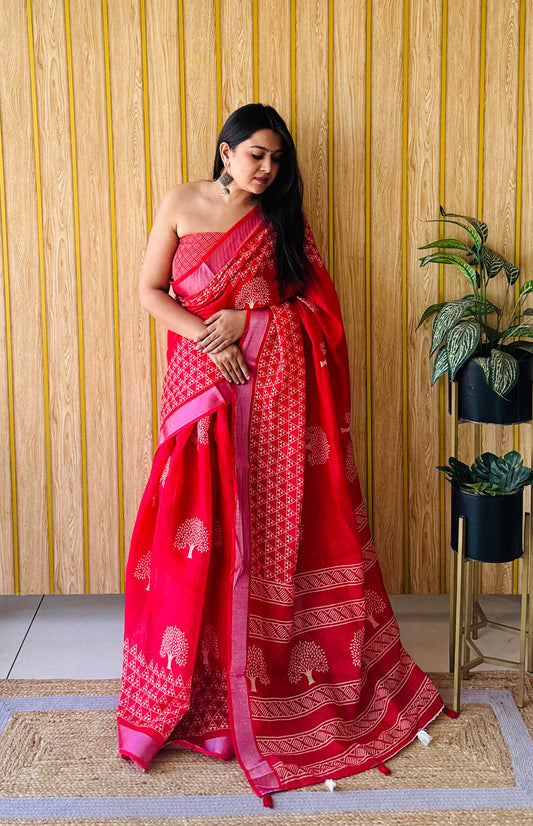 Exclusive Quality Beautiful Red Color Soft Linen Cotton Digital Print Saree