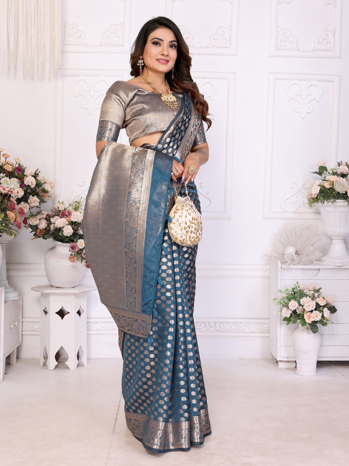 Navy Blue Color Premium Superior Soft Organza Silk Banarasi Saree
