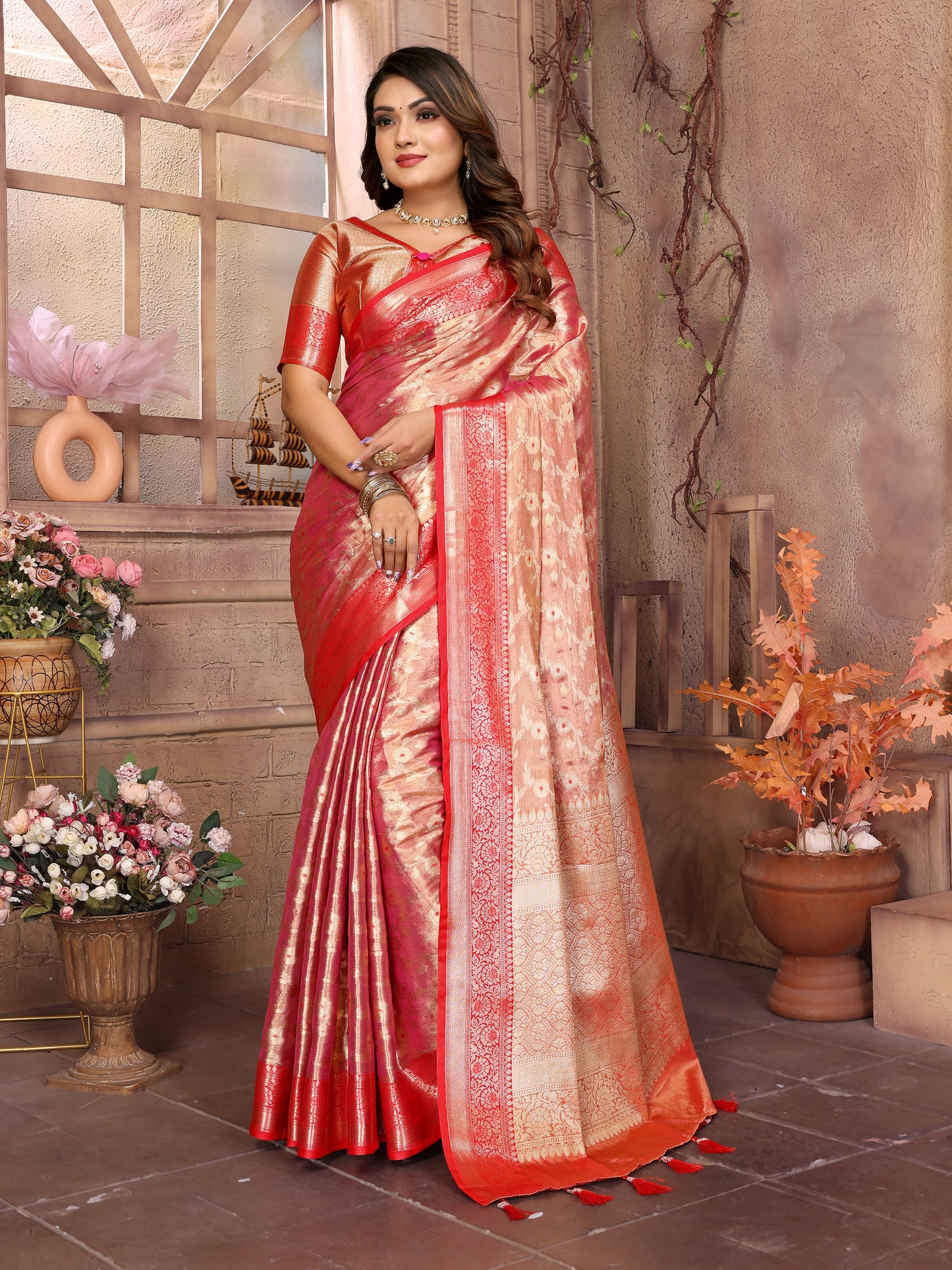 Peach Color Handloom Tissue Silk Saree With Zari Designs And Contrast Border