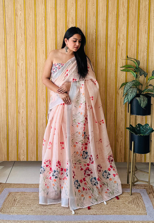 Peach Color Premium Quality Beautiful Soft Linen Cotton Digital Print Saree
