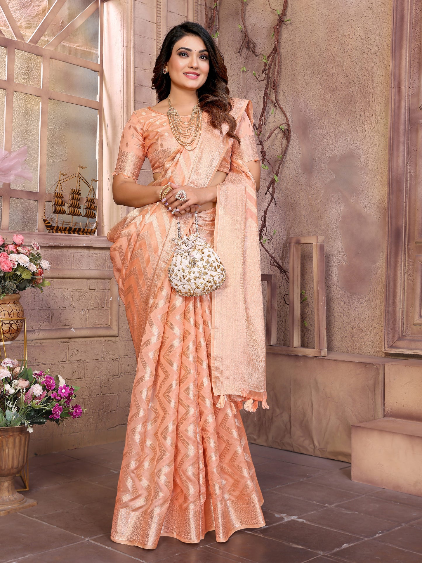 Peach Color Premium Superior Soft Organza Silk Banarasi Saree With Zari Border