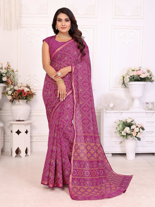 गुलाबी अंबिका शुद्ध पटोला और बंधेज पैटर्न मुलायम सूती हल्के वजन की साड़ी