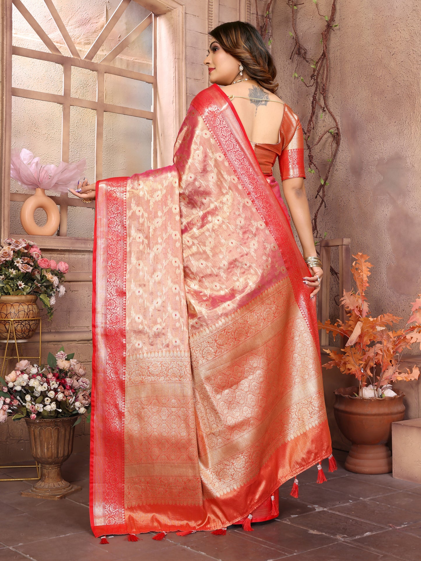 Peach Color Handloom Tissue Silk Saree With Zari Designs And Contrast Border