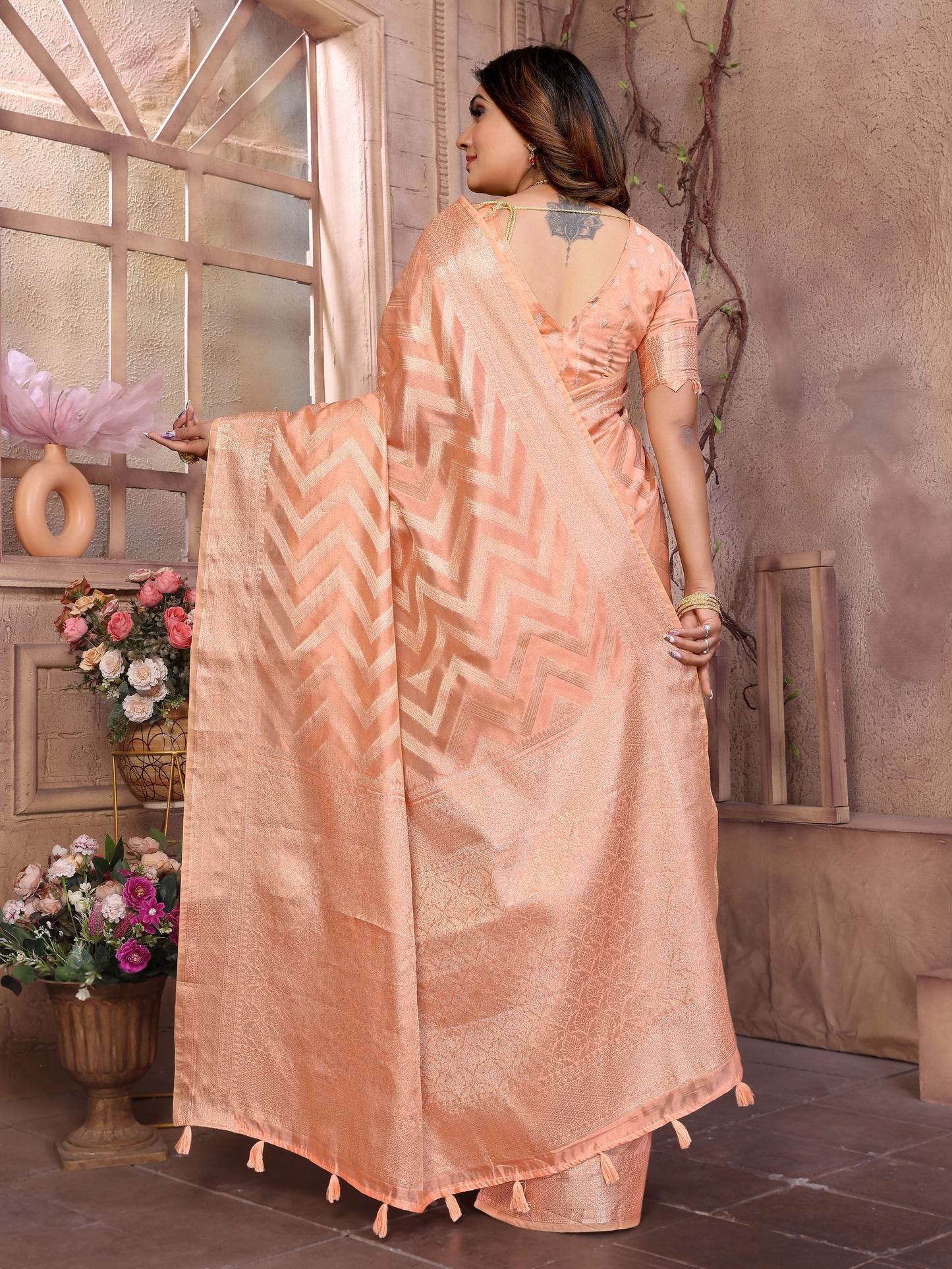 Peach Color Premium Superior Soft Organza Silk Banarasi Saree With Zari Border