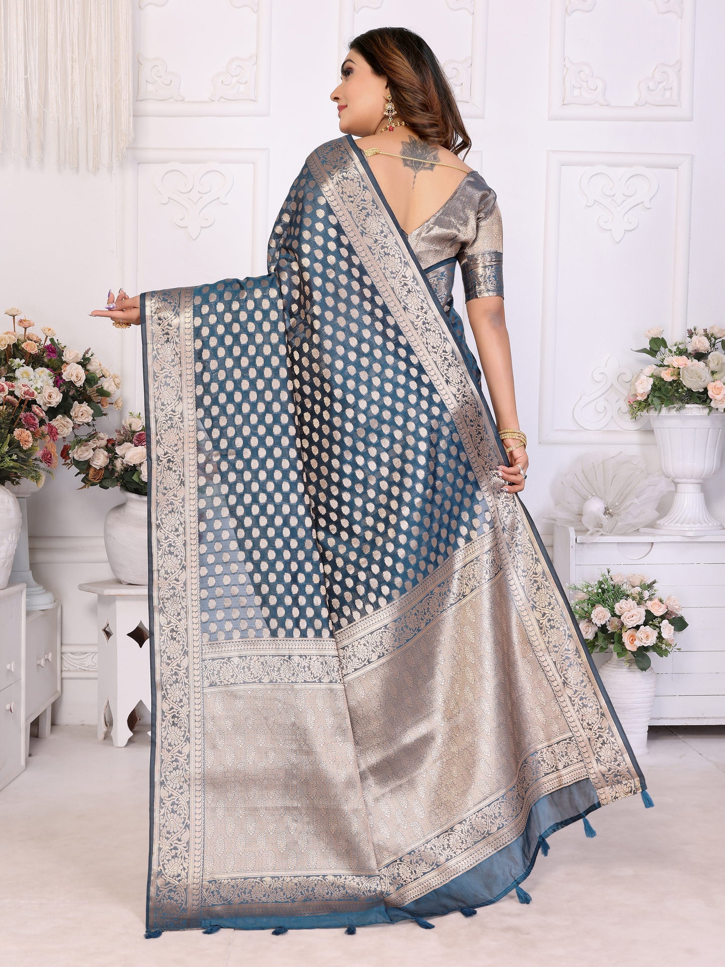 Navy Blue Color Premium Superior Soft Organza Silk Banarasi Saree