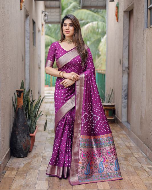 Purple Yashomati Dola Soft Silk Bandhej Sarees With Jari Weaving Border