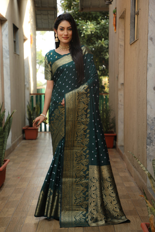 Green Suvarna Bandhej Kanjivaram silk saree with Zari Weaving Rich Pallu