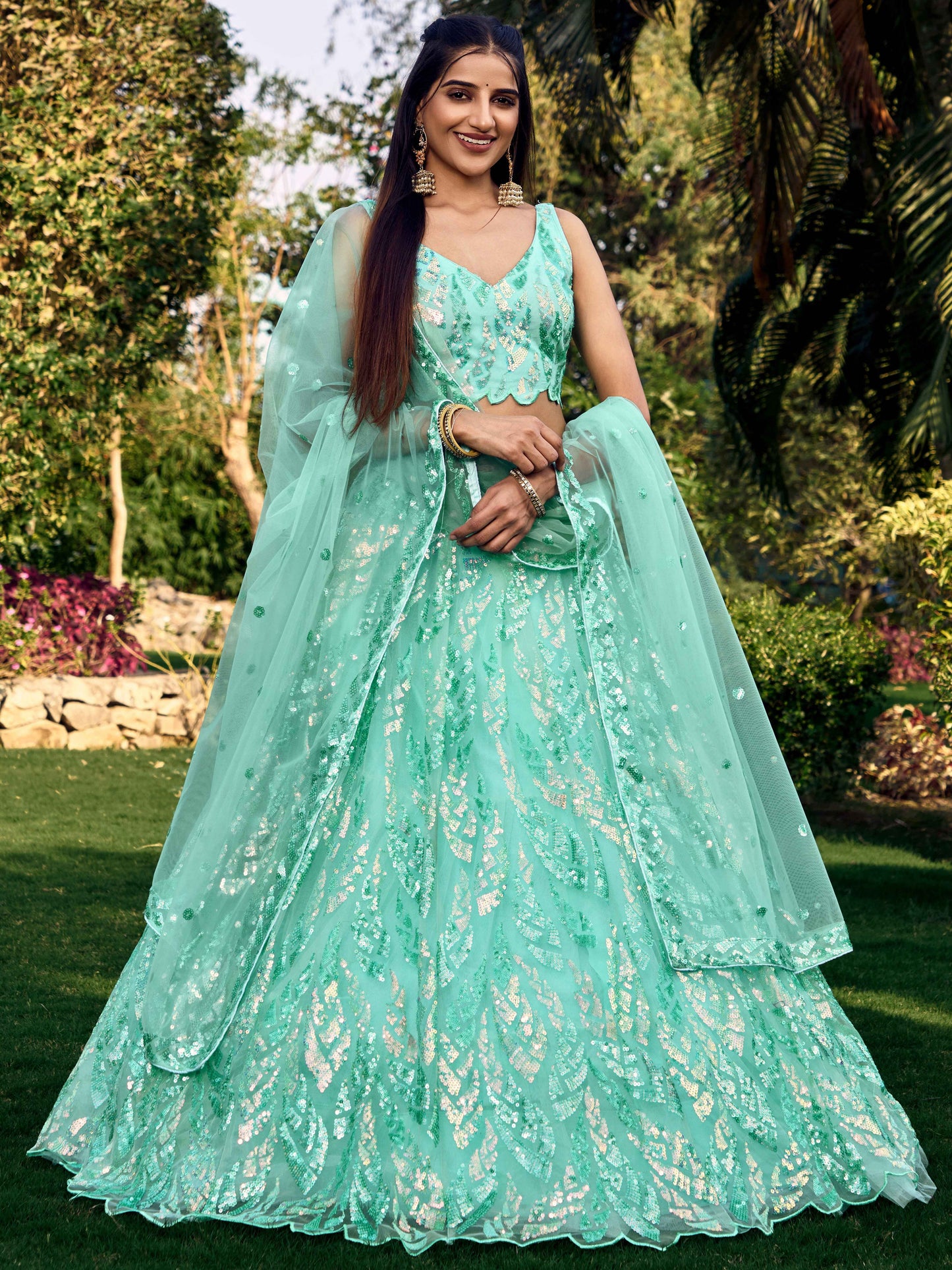Blue Color Soft Net Multiple Sequins,Thread Embroidery Work Lehenga Choli