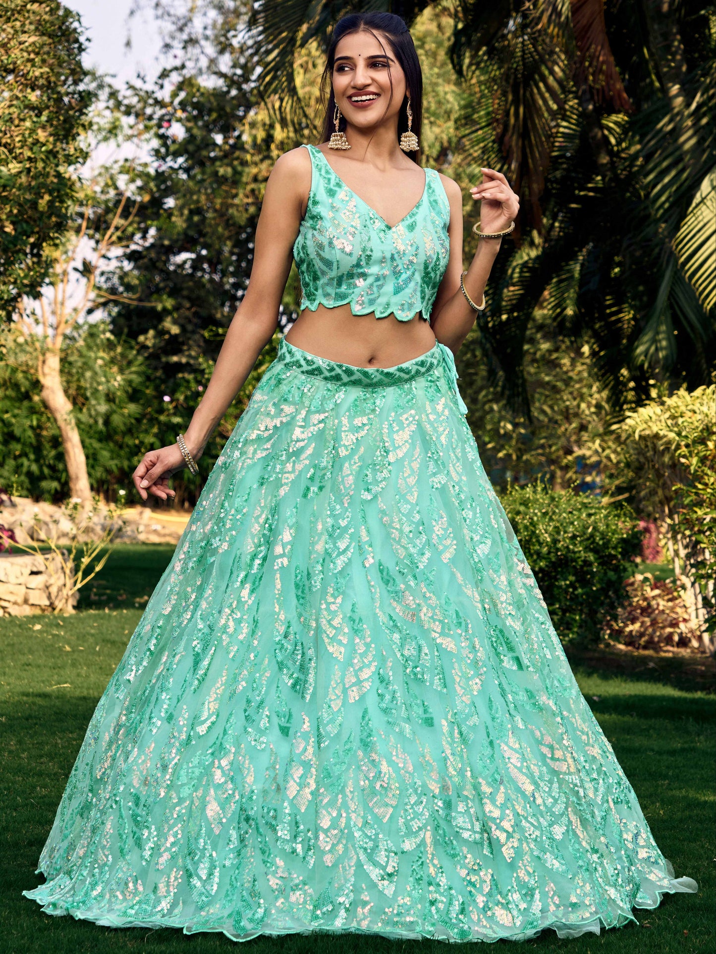 Blue Color Soft Net Multiple Sequins,Thread Embroidery Work Lehenga Choli