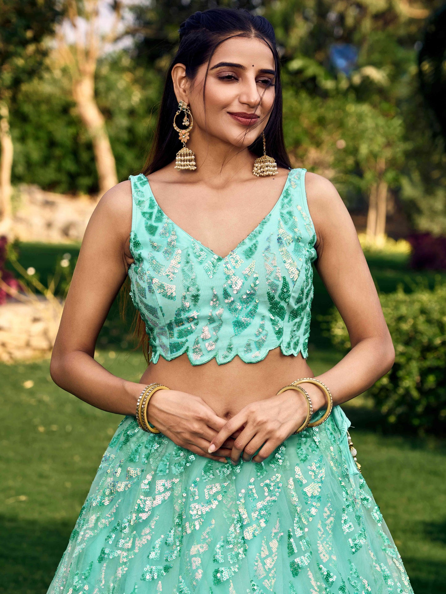 Blue Color Soft Net Multiple Sequins,Thread Embroidery Work Lehenga Choli