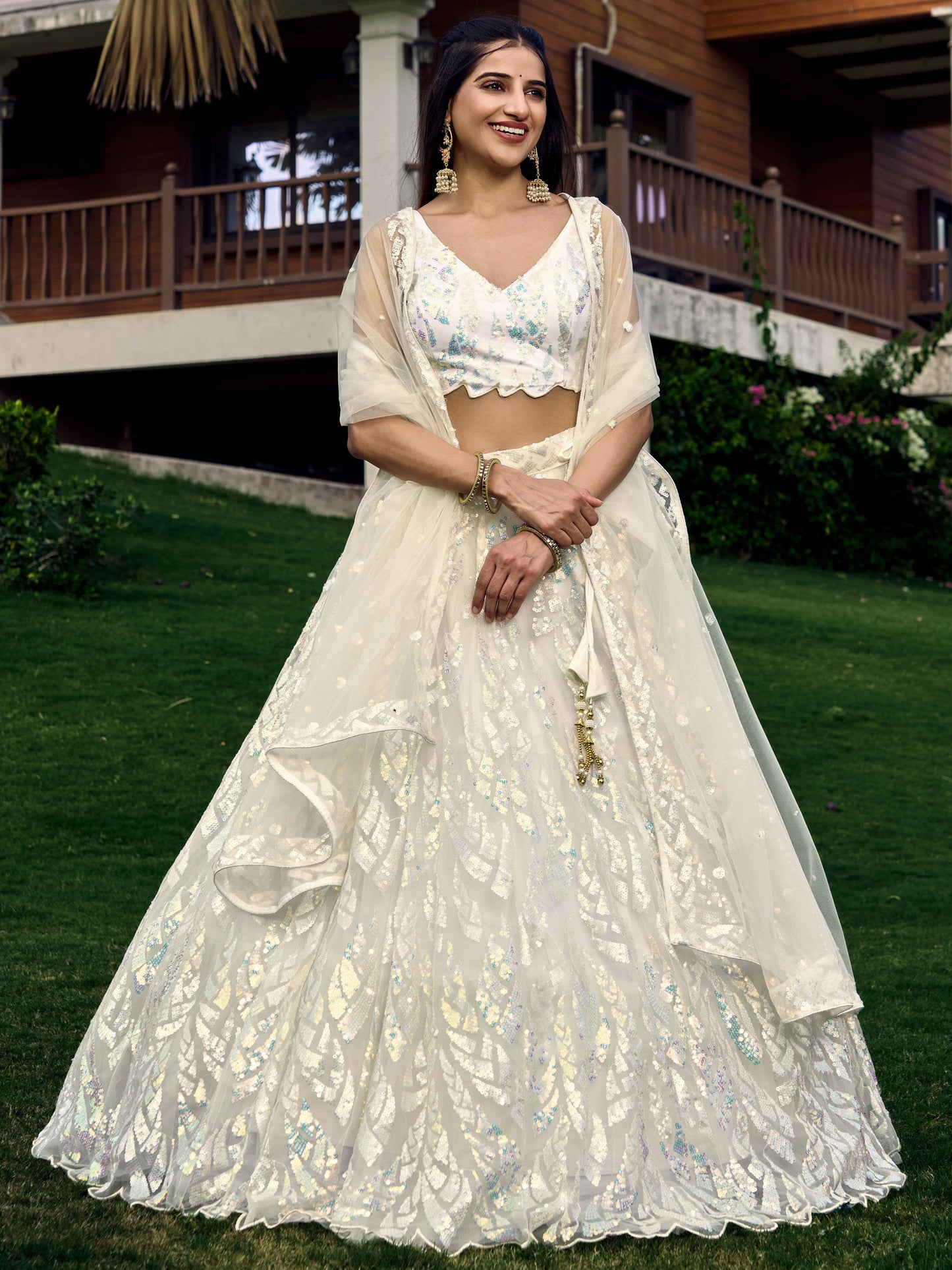 White Color Soft Net Multiple Sequins,Thread Embroidery Work Lehenga Choli