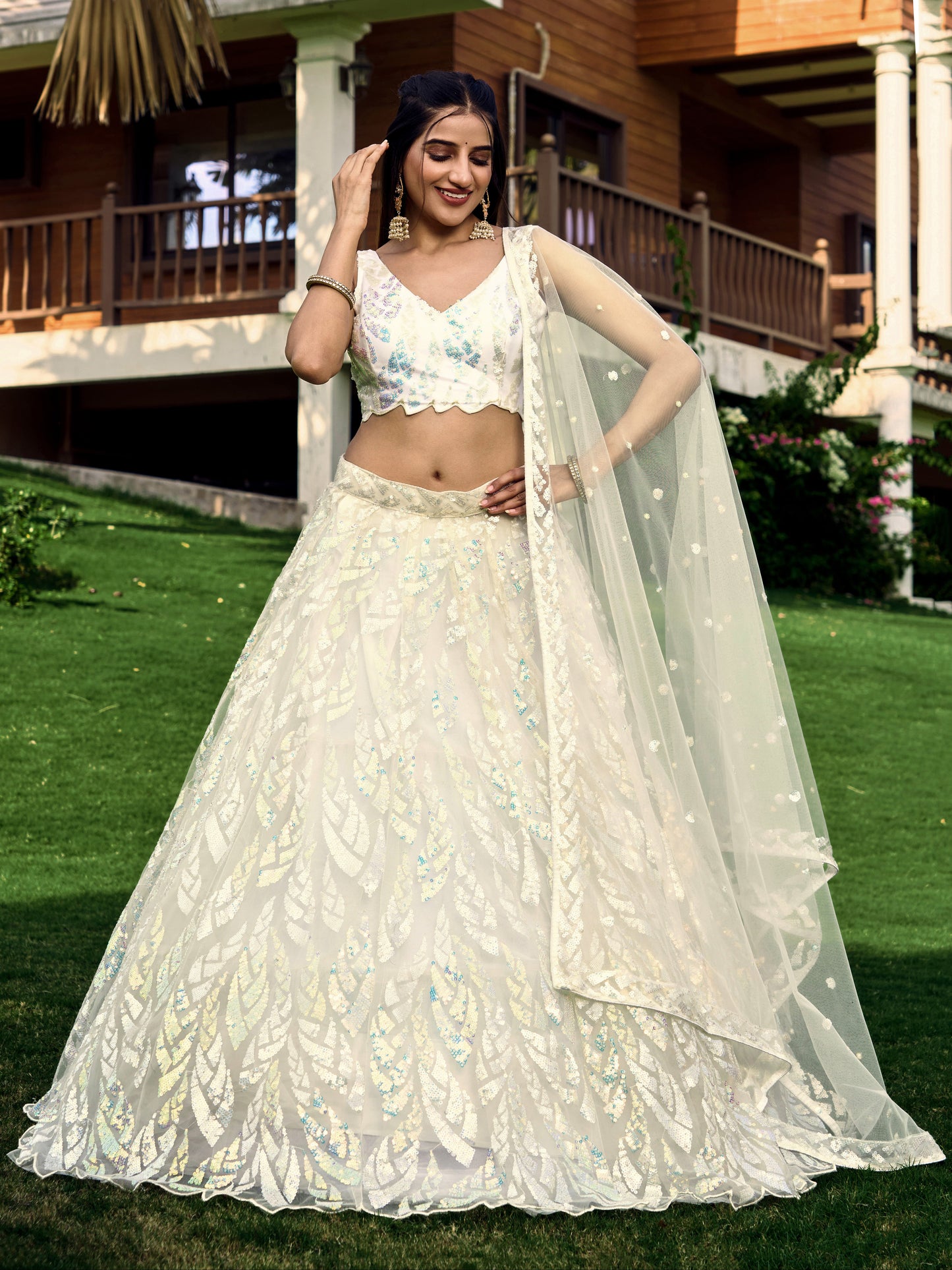 White Color Soft Net Multiple Sequins,Thread Embroidery Work Lehenga Choli