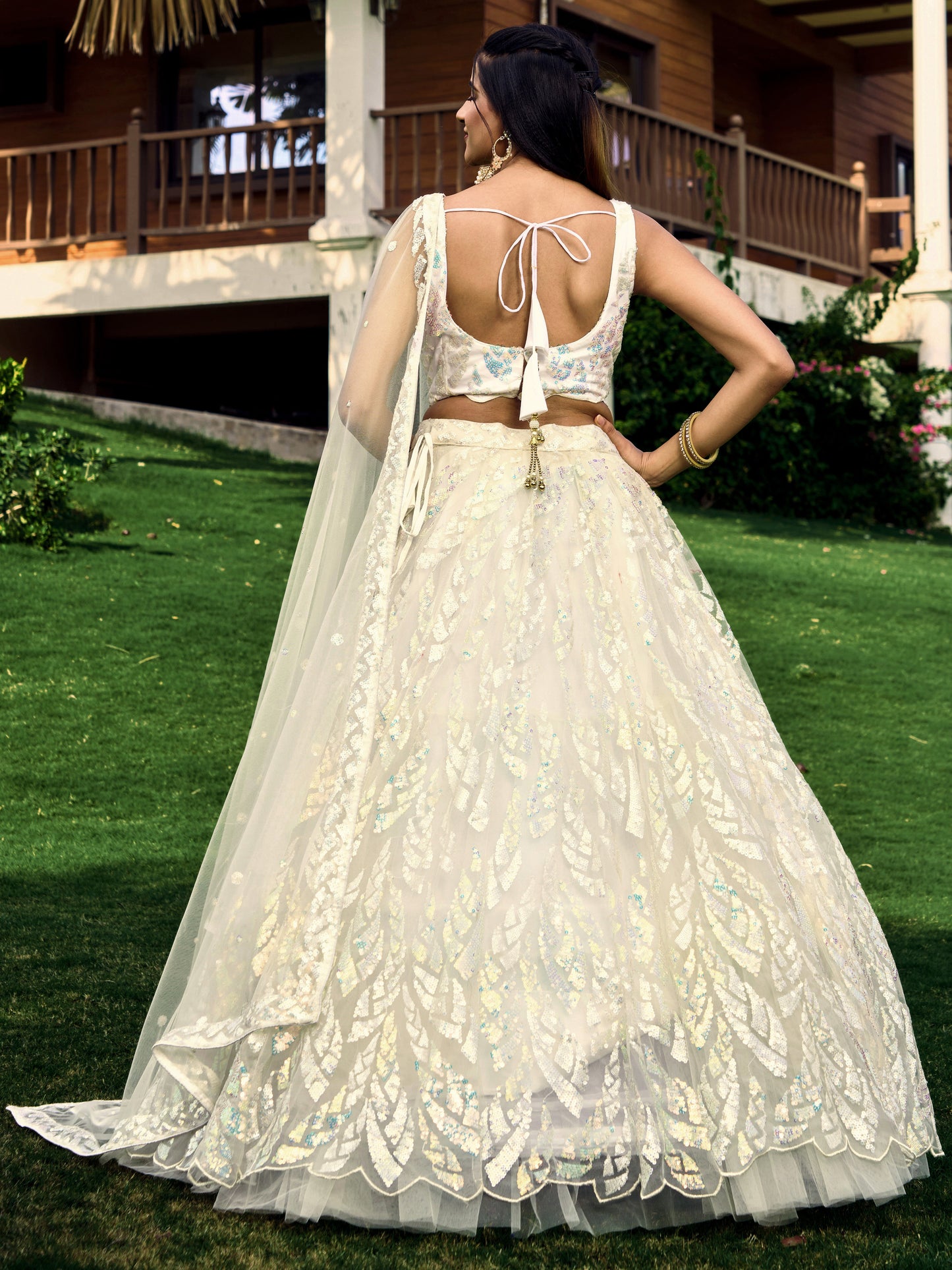 White Color Soft Net Multiple Sequins,Thread Embroidery Work Lehenga Choli