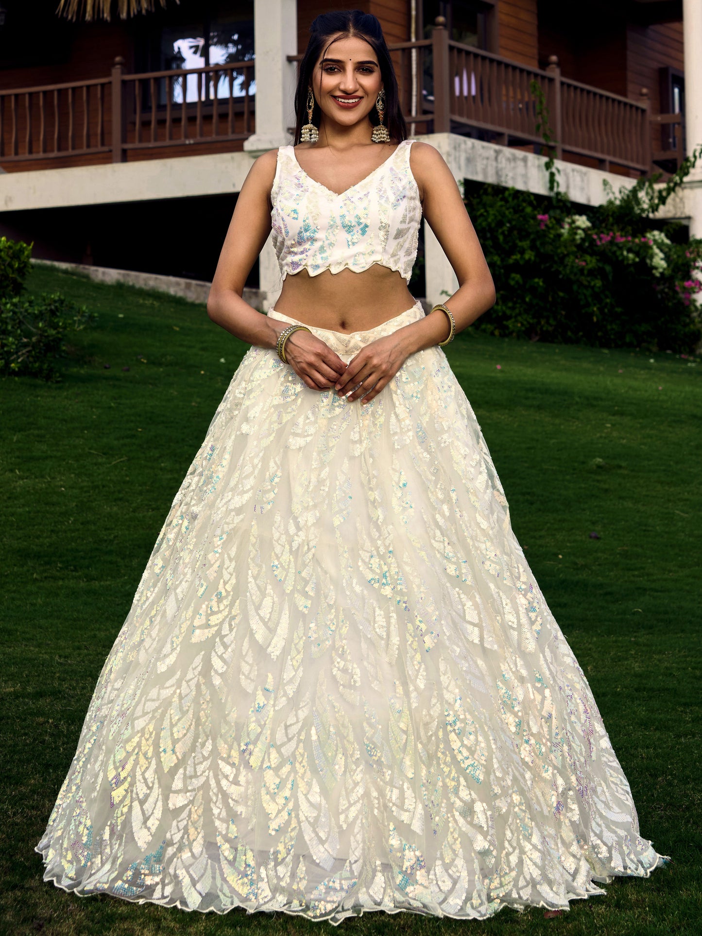 White Color Soft Net Multiple Sequins,Thread Embroidery Work Lehenga Choli