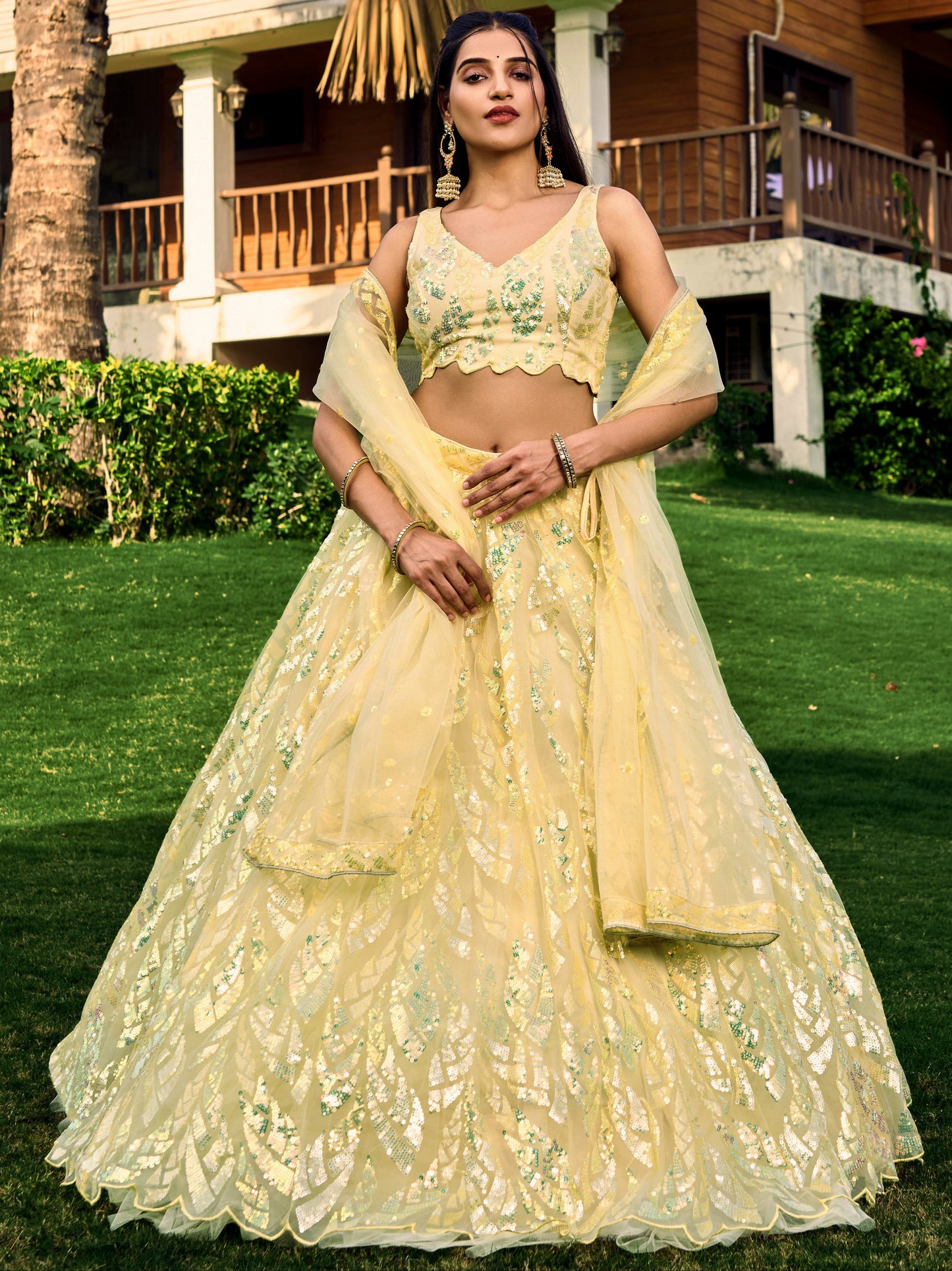 Yellow Color Soft Net Multiple Sequins,Thread Embroidery Work Lehenga Choli