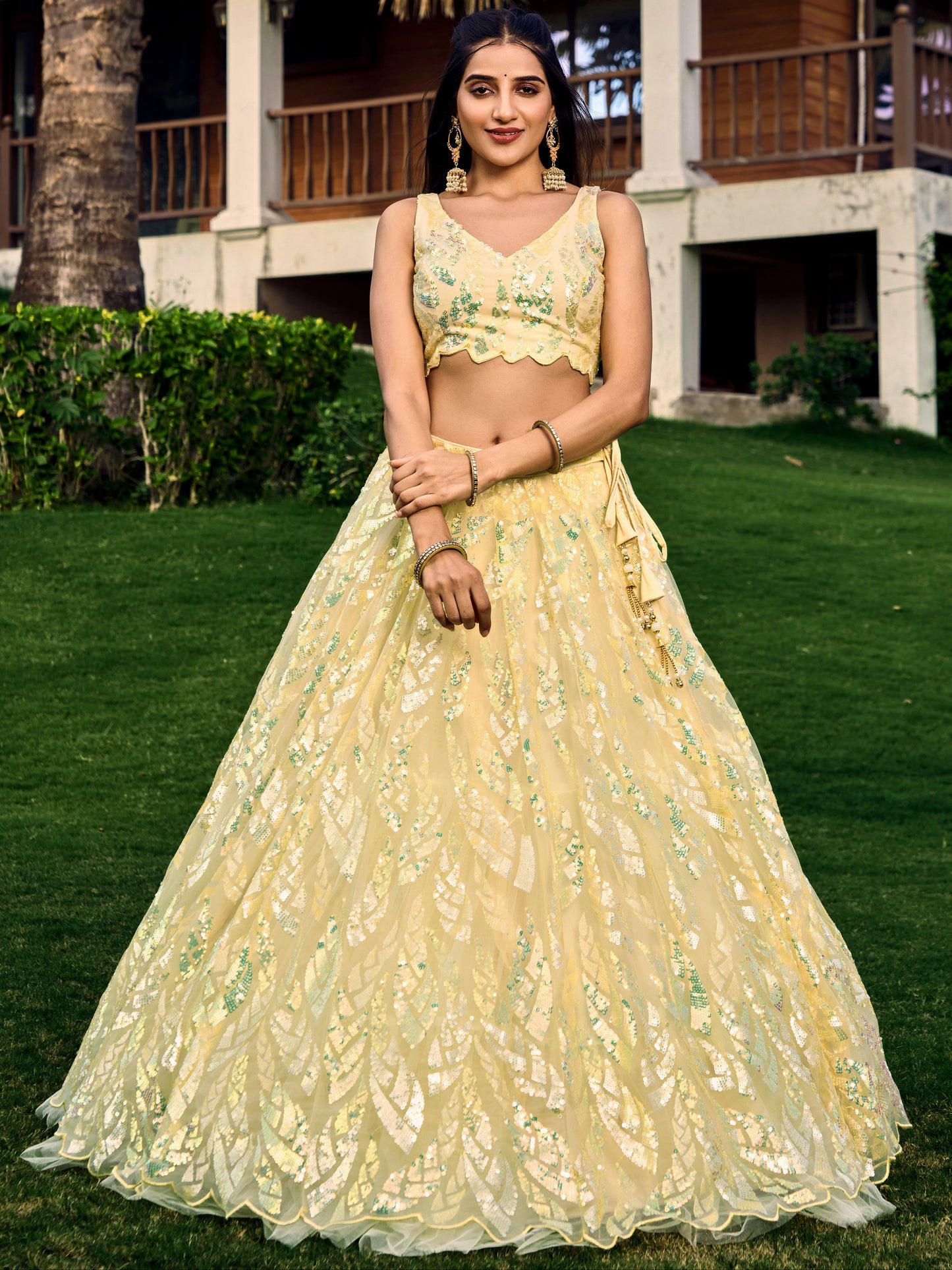 Yellow Color Soft Net Multiple Sequins,Thread Embroidery Work Lehenga Choli