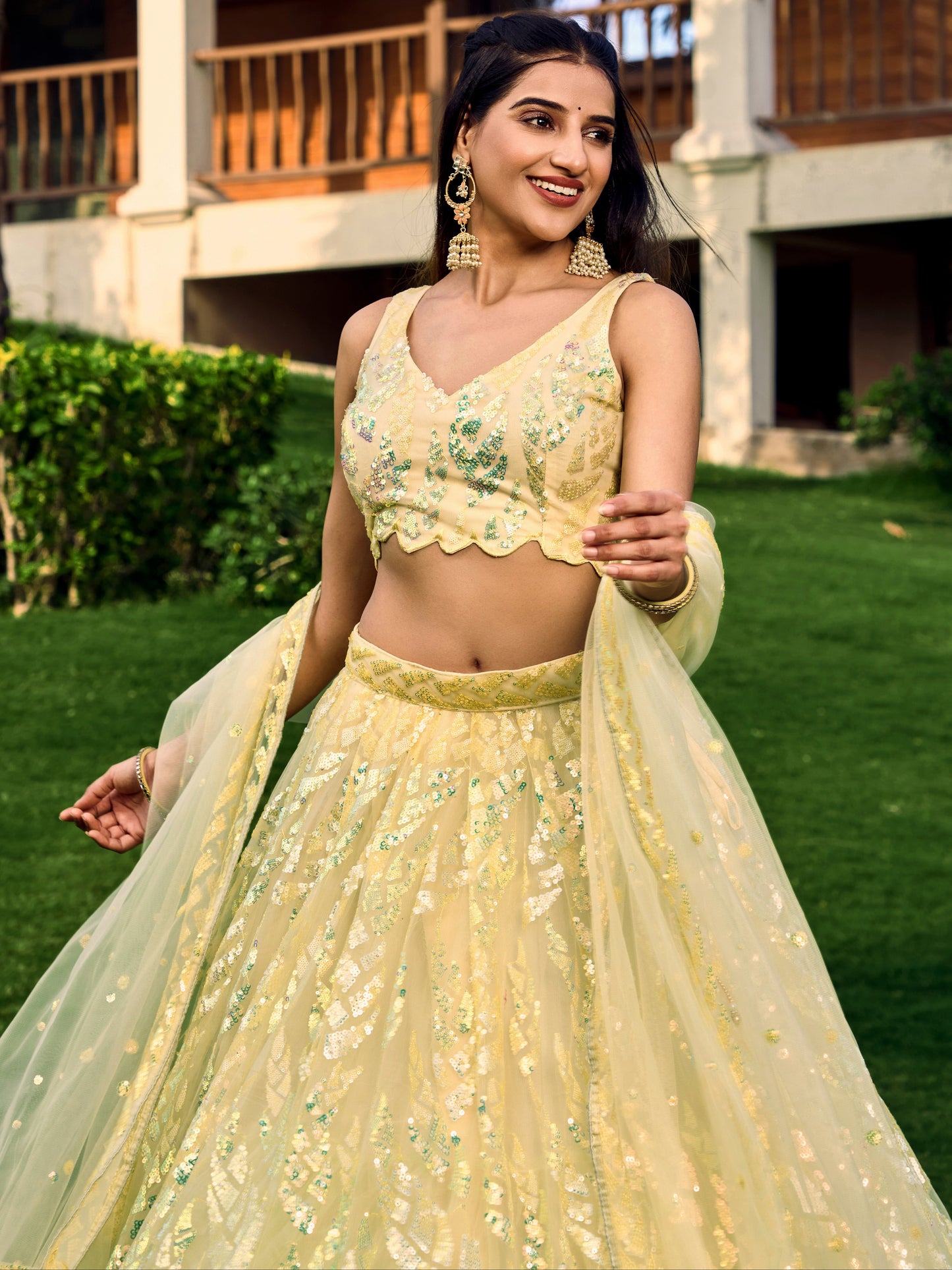 Yellow Color Soft Net Multiple Sequins,Thread Embroidery Work Lehenga Choli