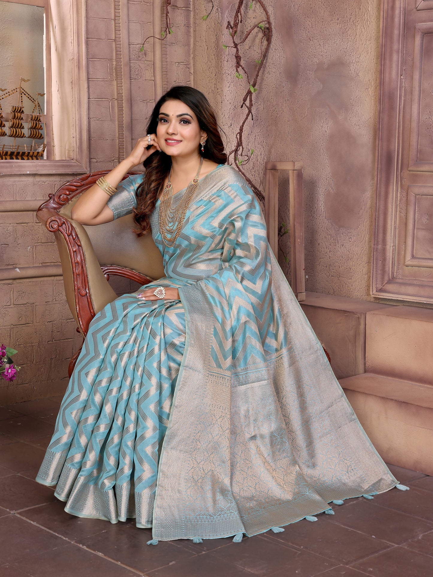 Sky Color Premium Superior Soft Organza Silk Banarasi Saree With Zari Border