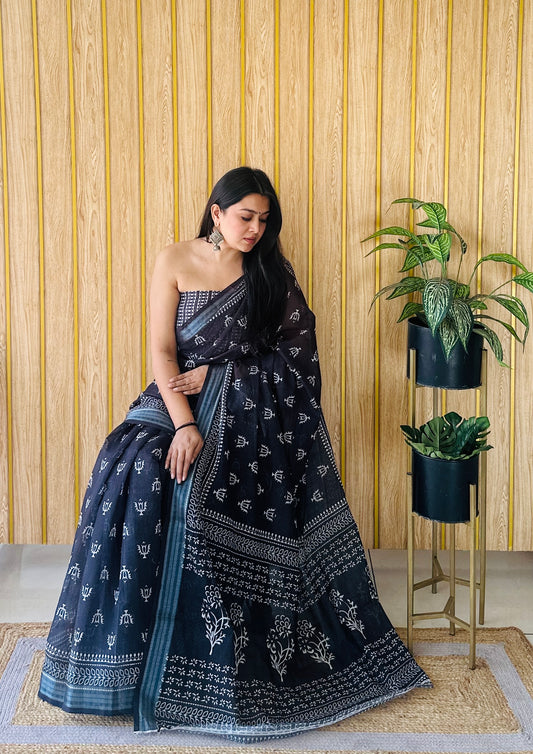 Black Color Soft Linen Cotton Digital Print Saree Very Premium And Rich Quality