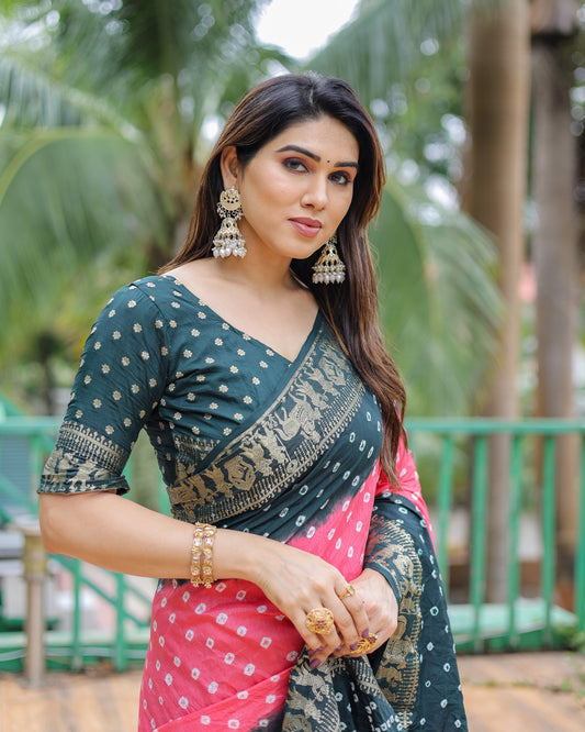 ज़री बुनाई रिच टिश्यू पल्लू के साथ गुलाबी वामिका बंधेज सिल्क साड़ी