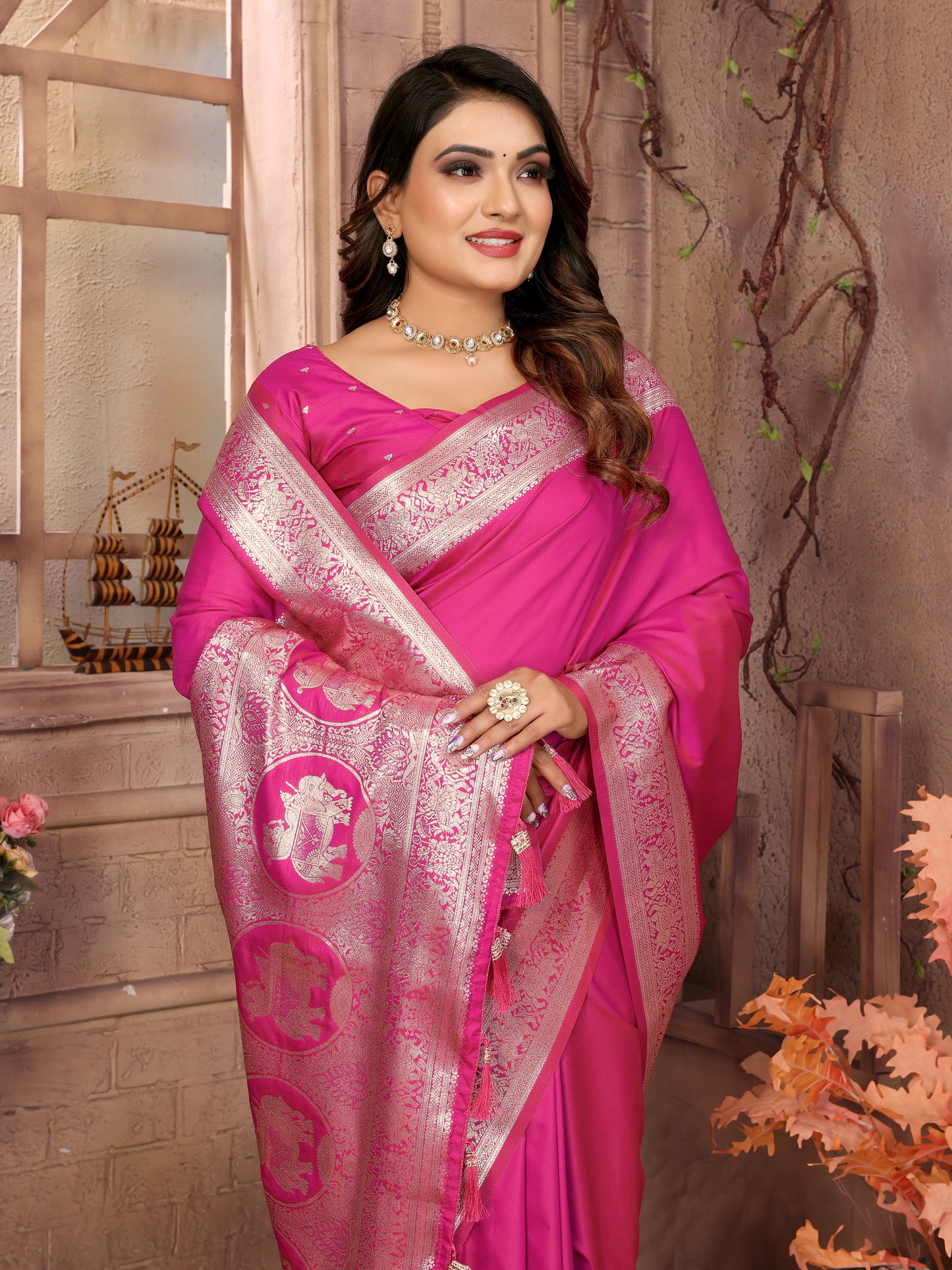 Pink Rani Banarasi silk saree with beautiful Gala weaving exclusive work soft comfy