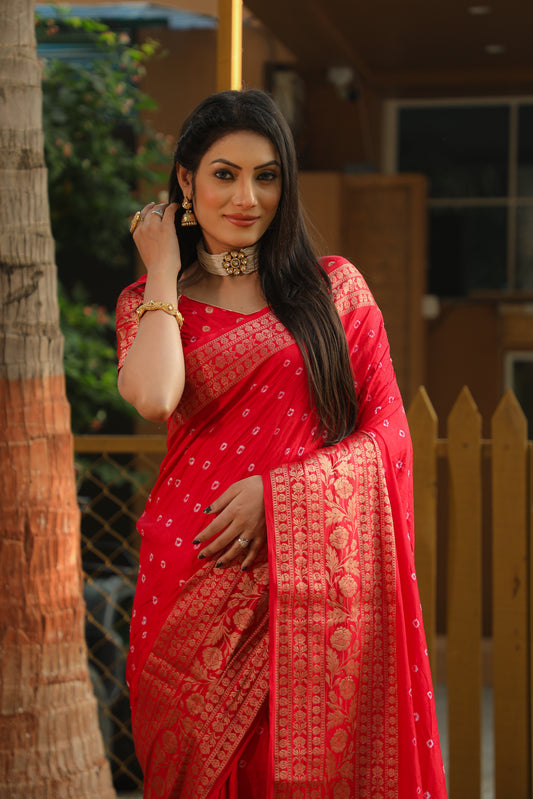 Red Toral Bandhej Kanjivaram silk saree with Zari Weaving Rich Pallu